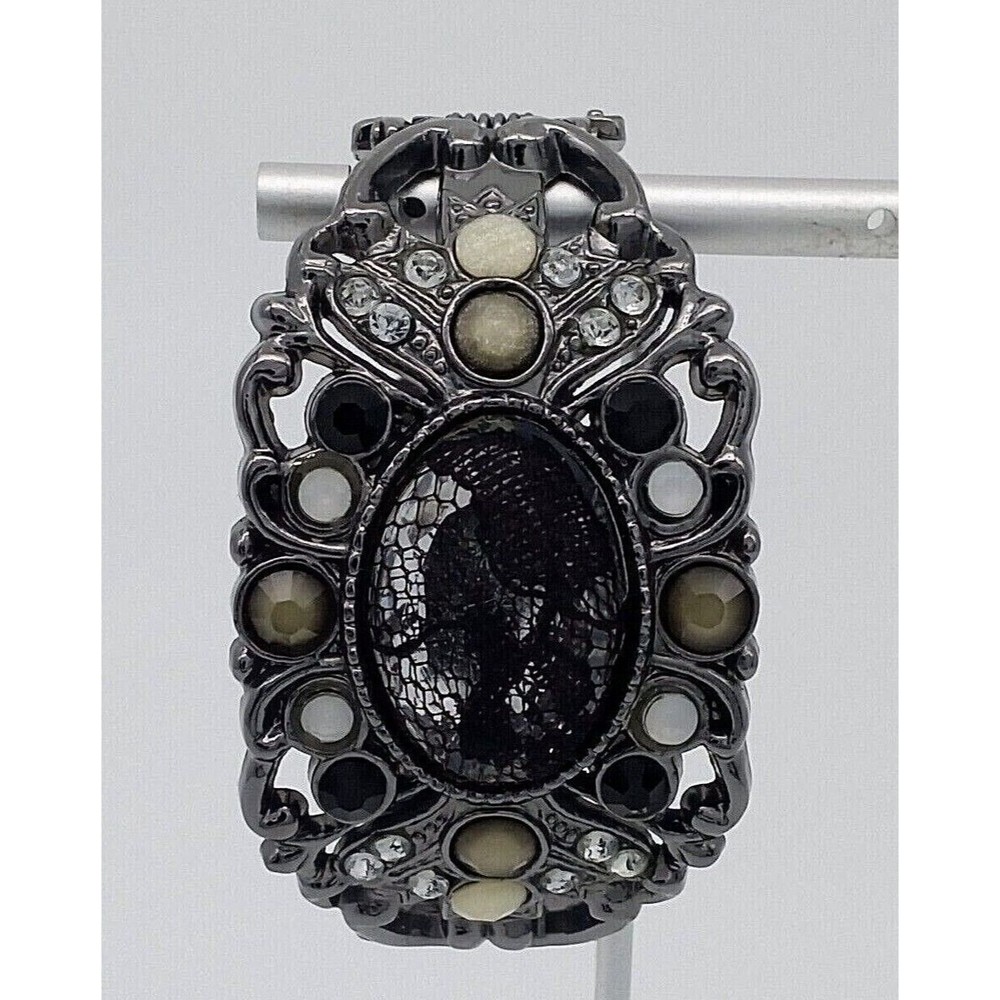 Black Lace Rhinestone Cuff Bracelet Gunmetal Tone Ornate Hinged Fashion Unique!